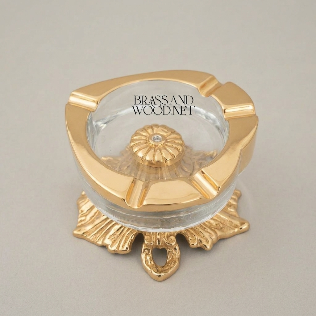 Rococo Brass & Glass Ashtray with Acanthus Sculpted Base