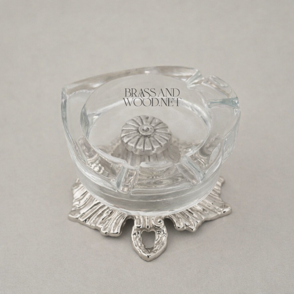 Rococo Brass & Glass Ashtray with Acanthus Sculpted Base — Silver
