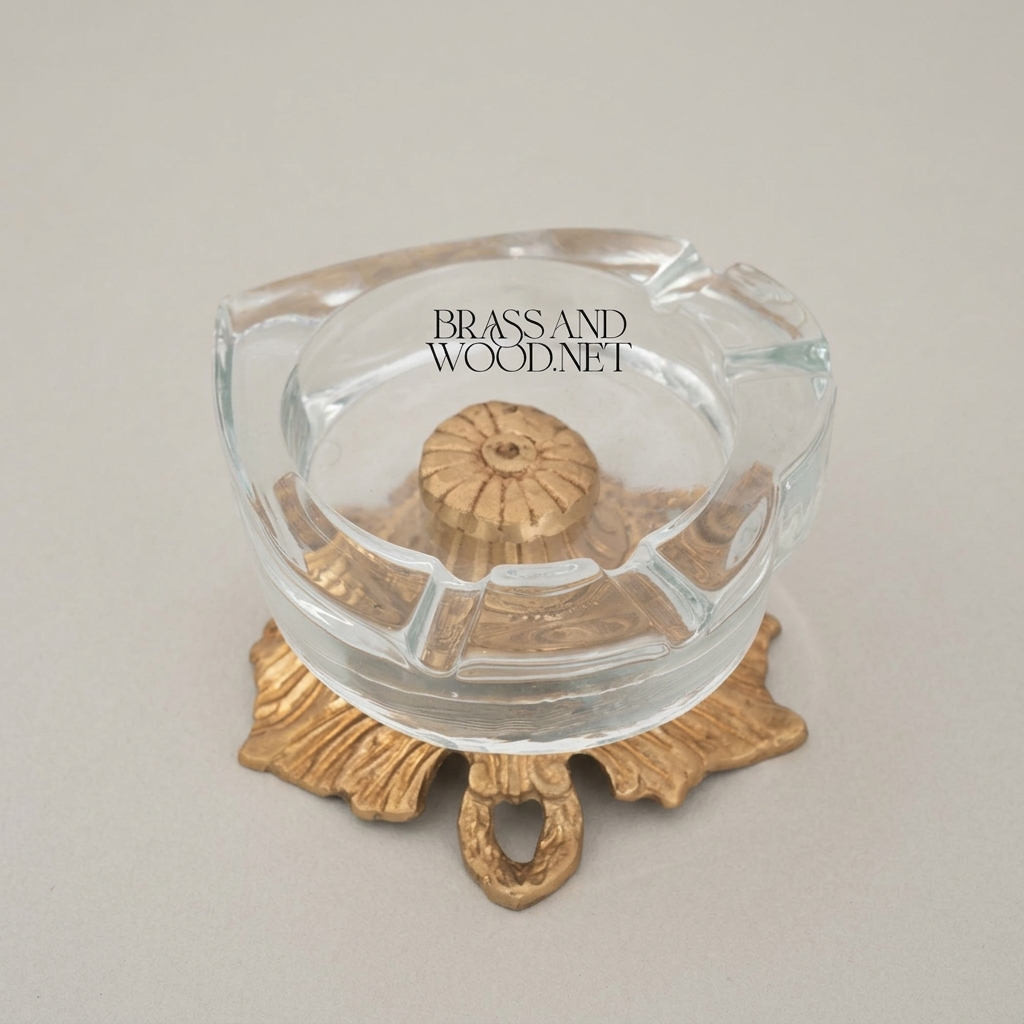 Rococo Brass & Glass Ashtray with Acanthus Sculpted Base — Antique Gold