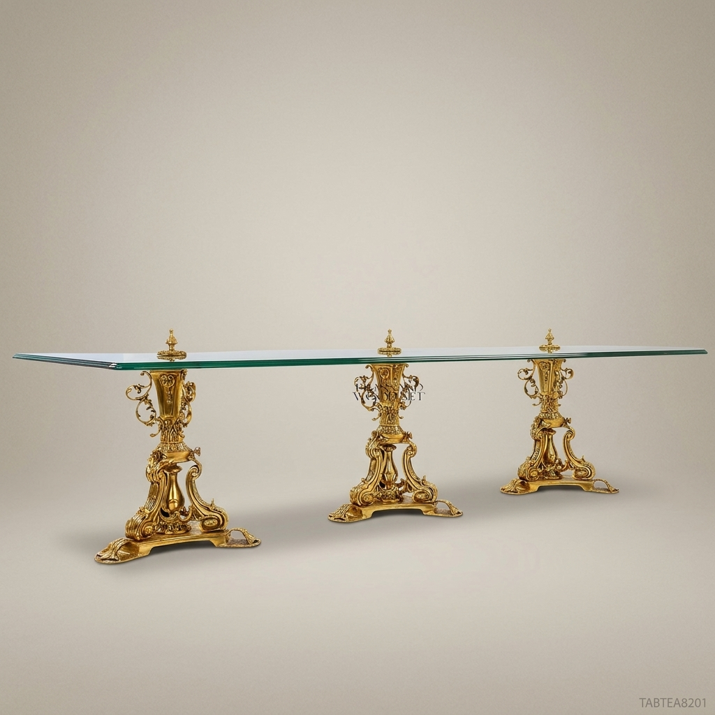 Rococo Brass & Glass Coffee Table – Triple Gilded Pedestal
