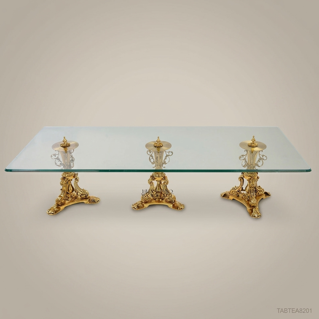 Rococo Brass & Glass Coffee Table – Triple Gilded Pedestal
