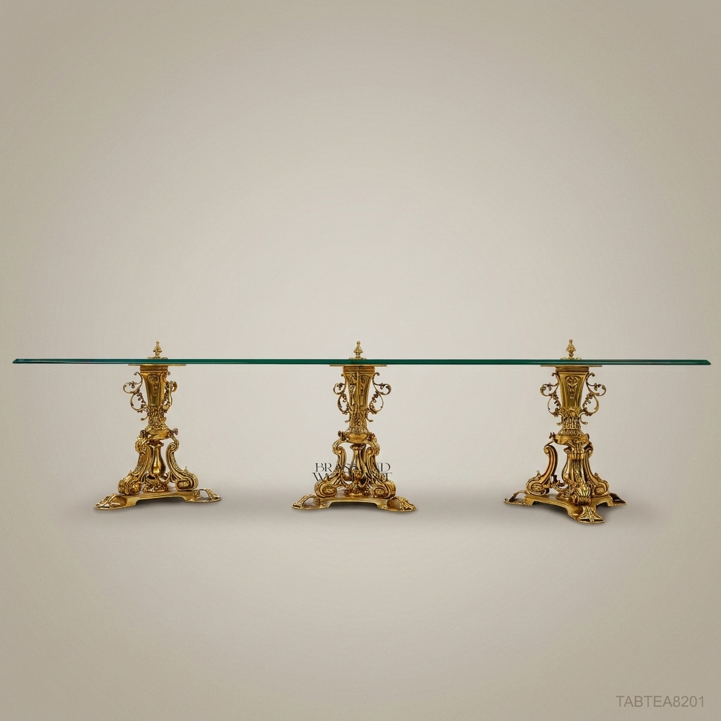 Rococo Brass & Glass Coffee Table – Triple Gilded Pedestal