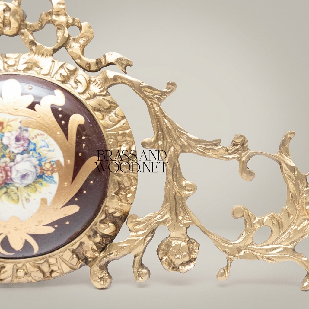 Rococo Brass Headboard Crown Topper with Porcelain Floral Medallion & Acanthus Scrollwork — Antique Gold