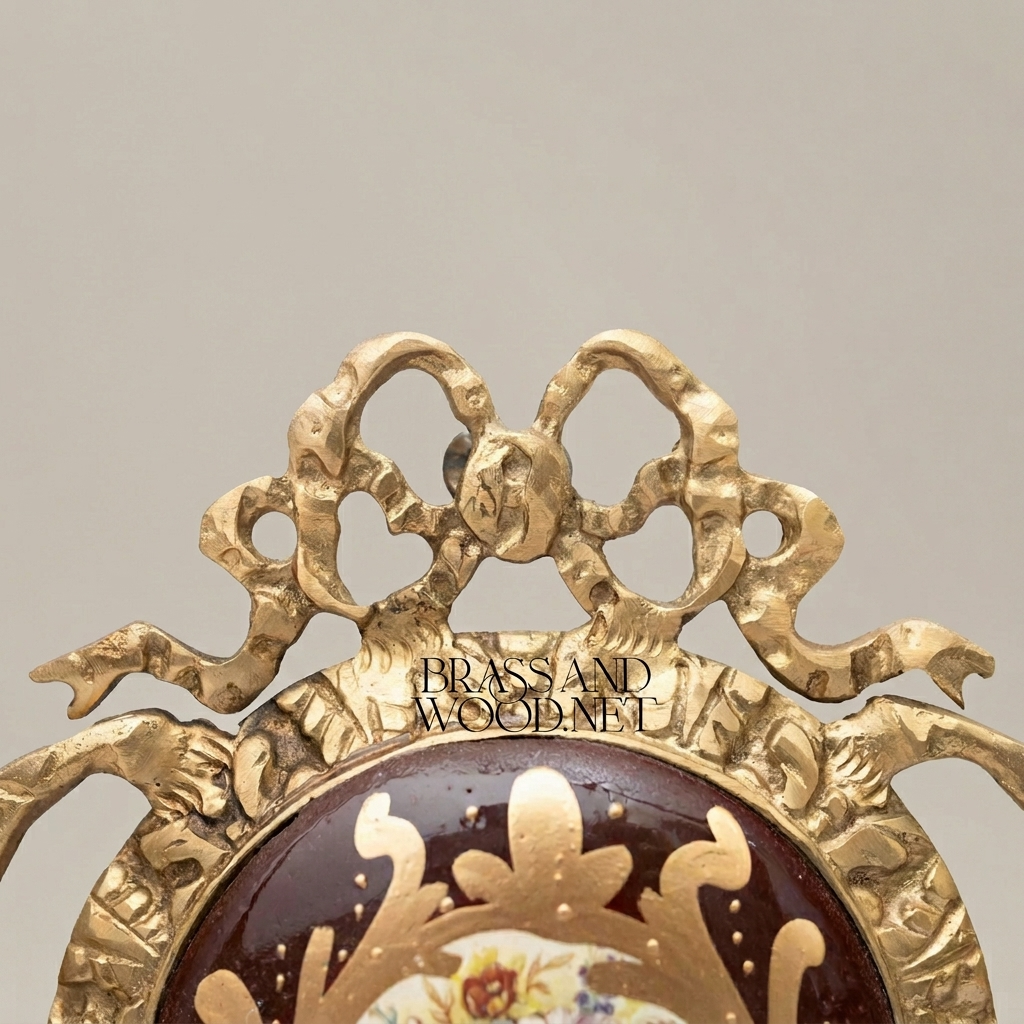 Rococo Brass Headboard Crown Topper with Porcelain Floral Medallion & Acanthus Scrollwork — Antique Gold