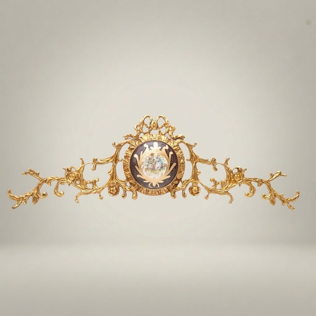 Rococo Brass Headboard Crown Topper with Porcelain Floral Medallion & Acanthus Scrollwork — Gold