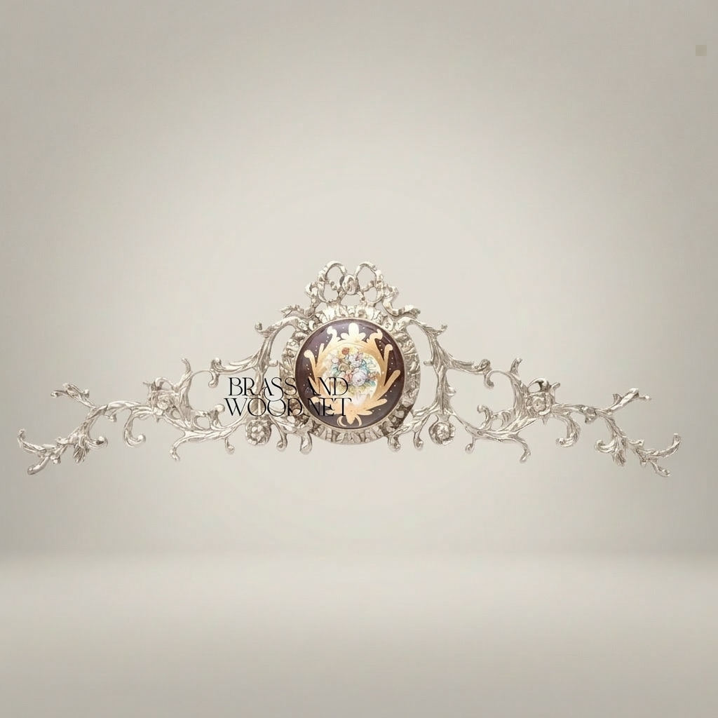 Rococo Brass Headboard Crown Topper with Porcelain Floral Medallion & Acanthus Scrollwork — Silver