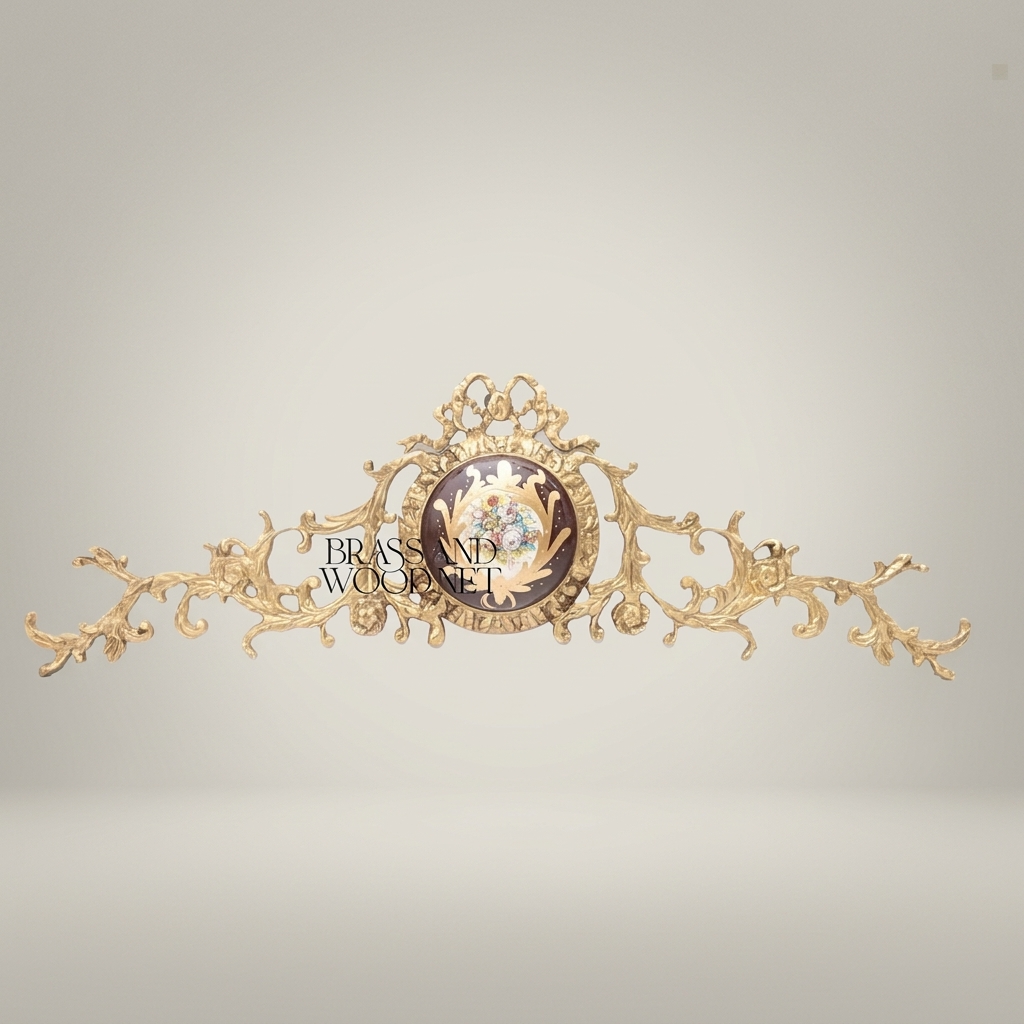 Rococo Brass Headboard Crown Topper with Porcelain Floral Medallion & Acanthus Scrollwork — Antique Gold