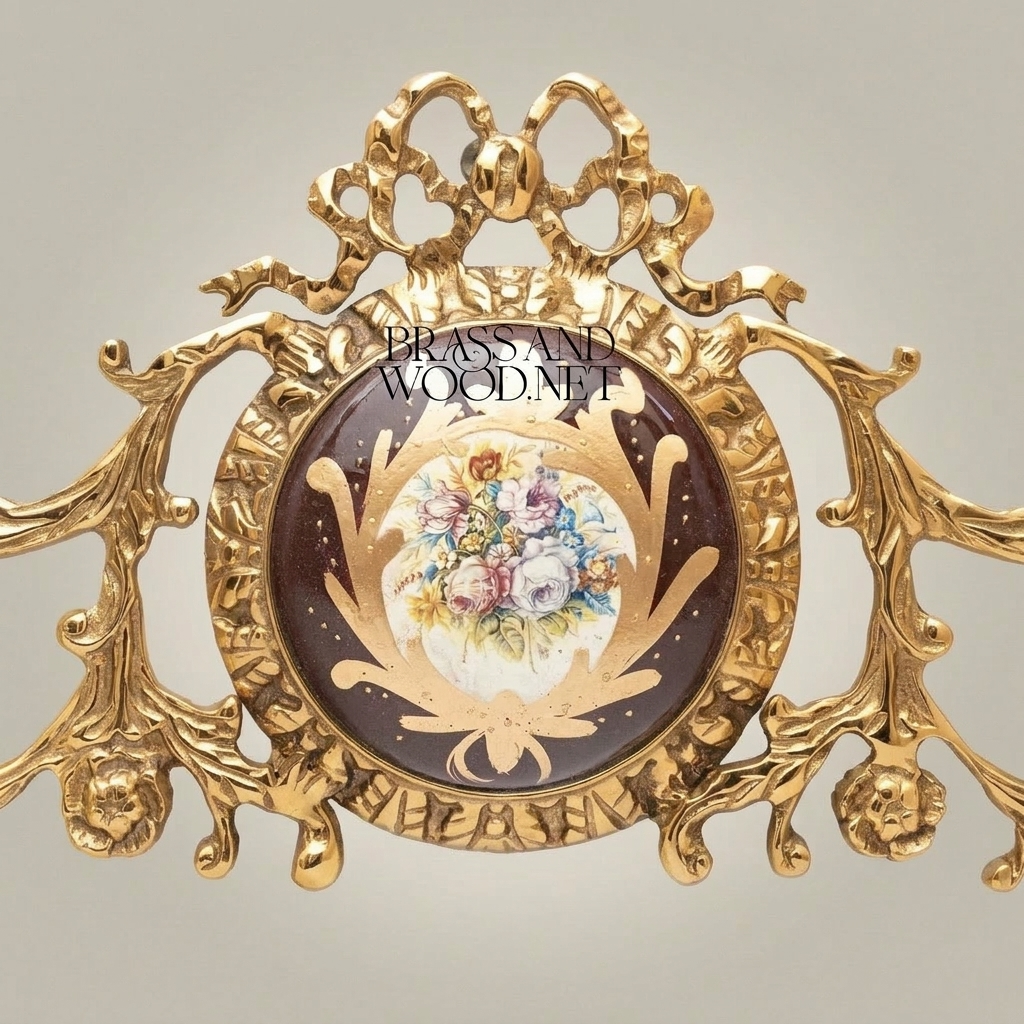 Rococo Brass Headboard Crown Topper with Porcelain Floral Medallion & Acanthus Scrollwork