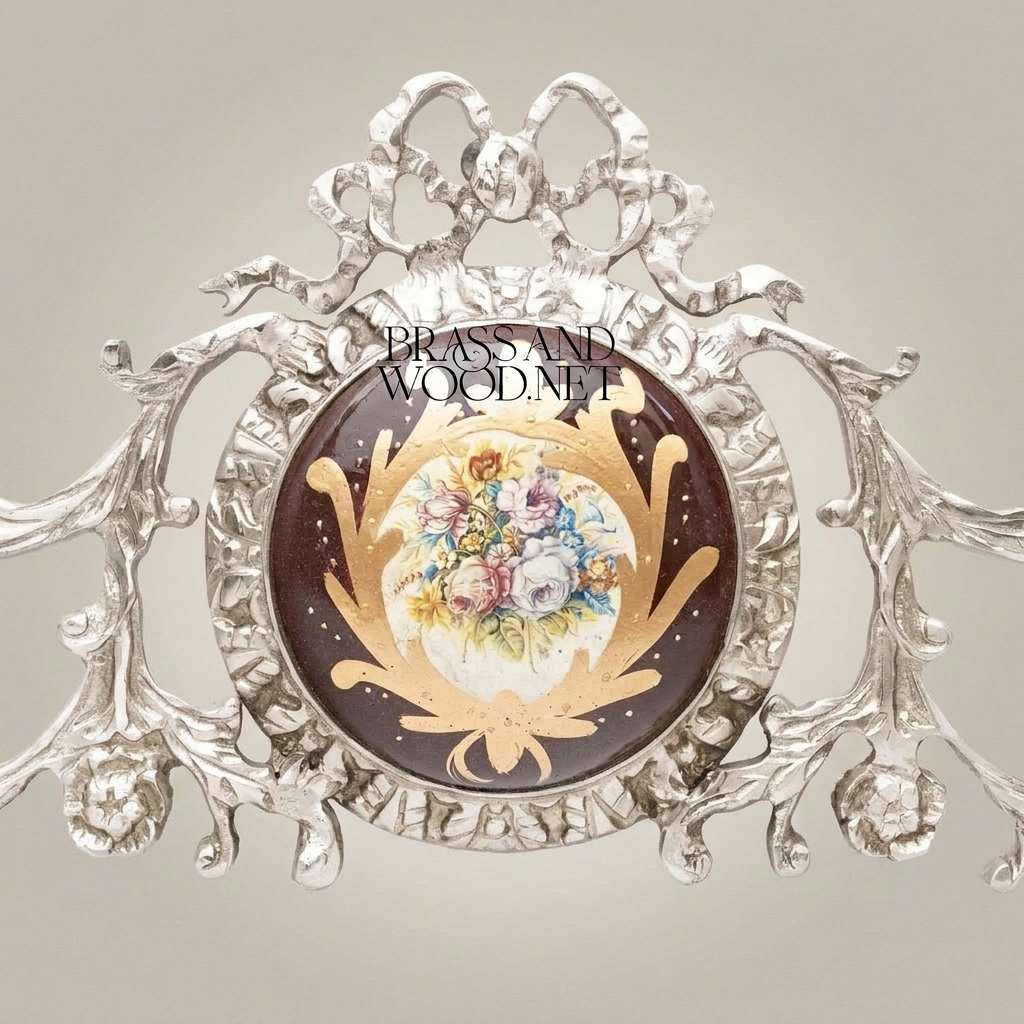 Rococo Brass Headboard Crown Topper with Porcelain Floral Medallion & Acanthus Scrollwork — Silver