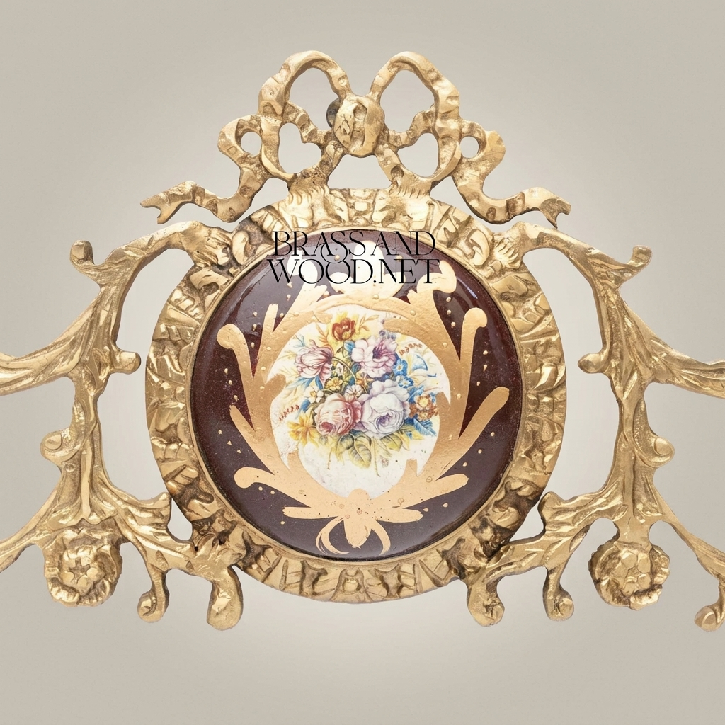 Rococo Brass Headboard Crown Topper with Porcelain Floral Medallion & Acanthus Scrollwork — Antique Gold