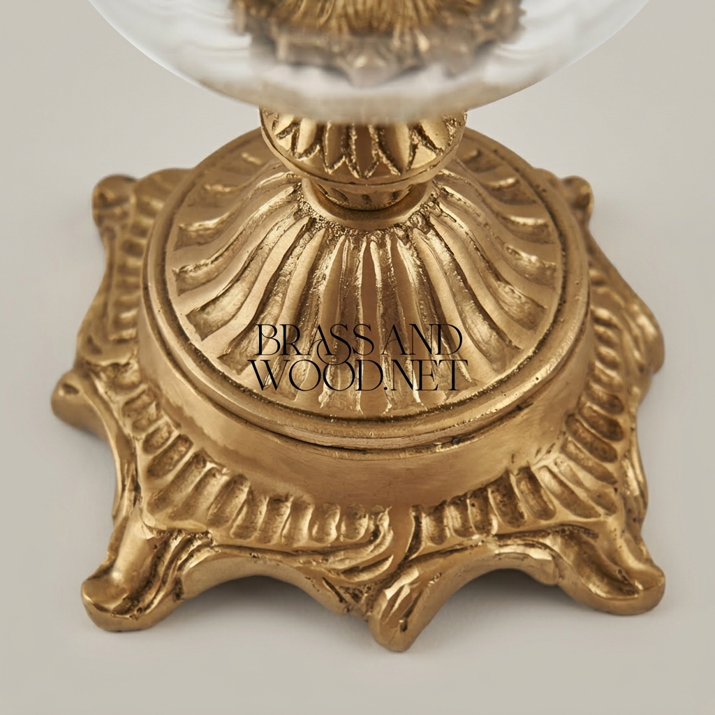 Rococo Brass Hurricane Candleholder with Globe Glass Shade and Acanthus Base — Antique Gold