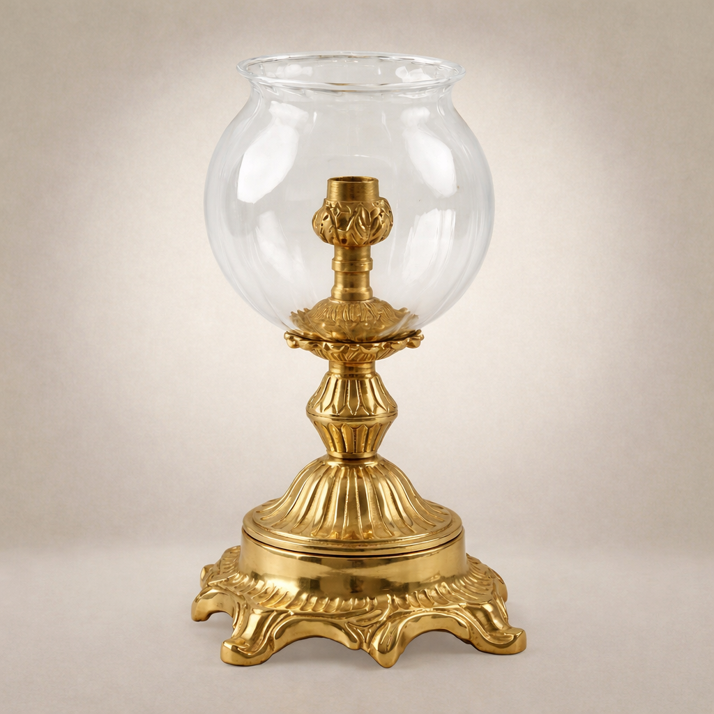 Rococo Brass Hurricane Candleholder with Globe Glass Shade and Acanthus Base
