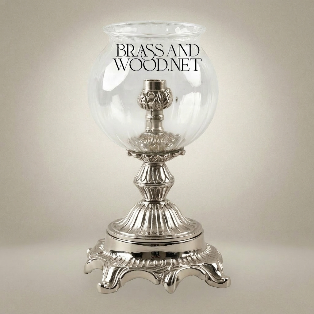 Rococo Brass Hurricane Candleholder with Globe Glass Shade and Acanthus Base — Silver