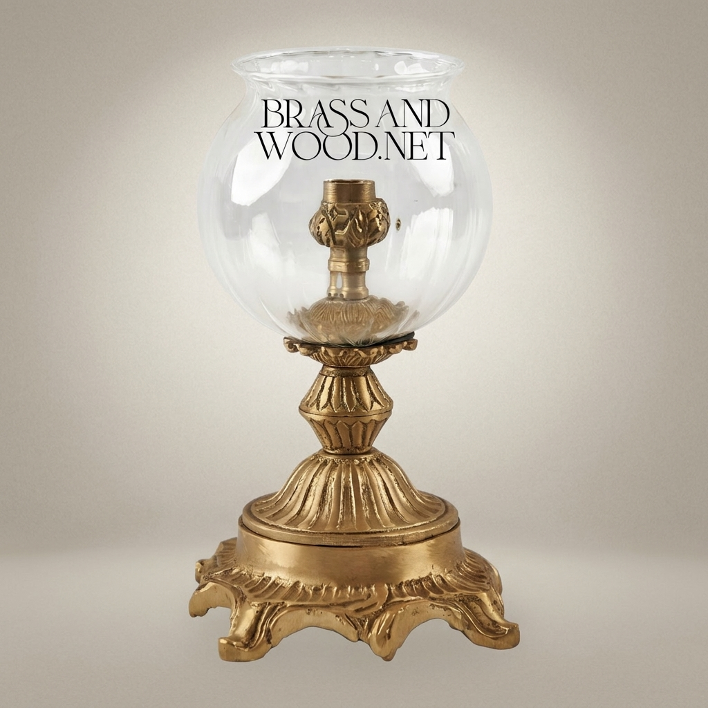 Rococo Brass Hurricane Candleholder with Globe Glass Shade and Acanthus Base — Antique Gold