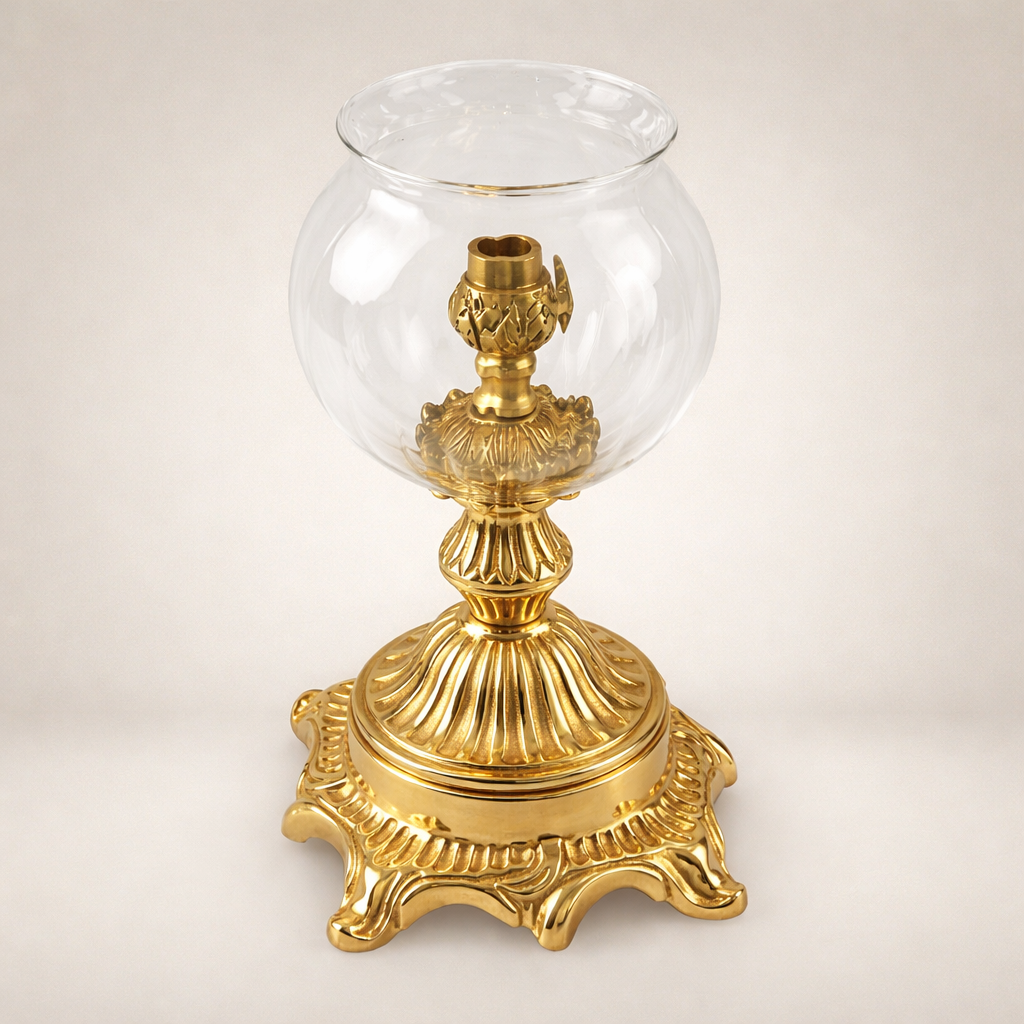 Rococo Brass Hurricane Candleholder with Globe Glass Shade and Acanthus Base — Gold
