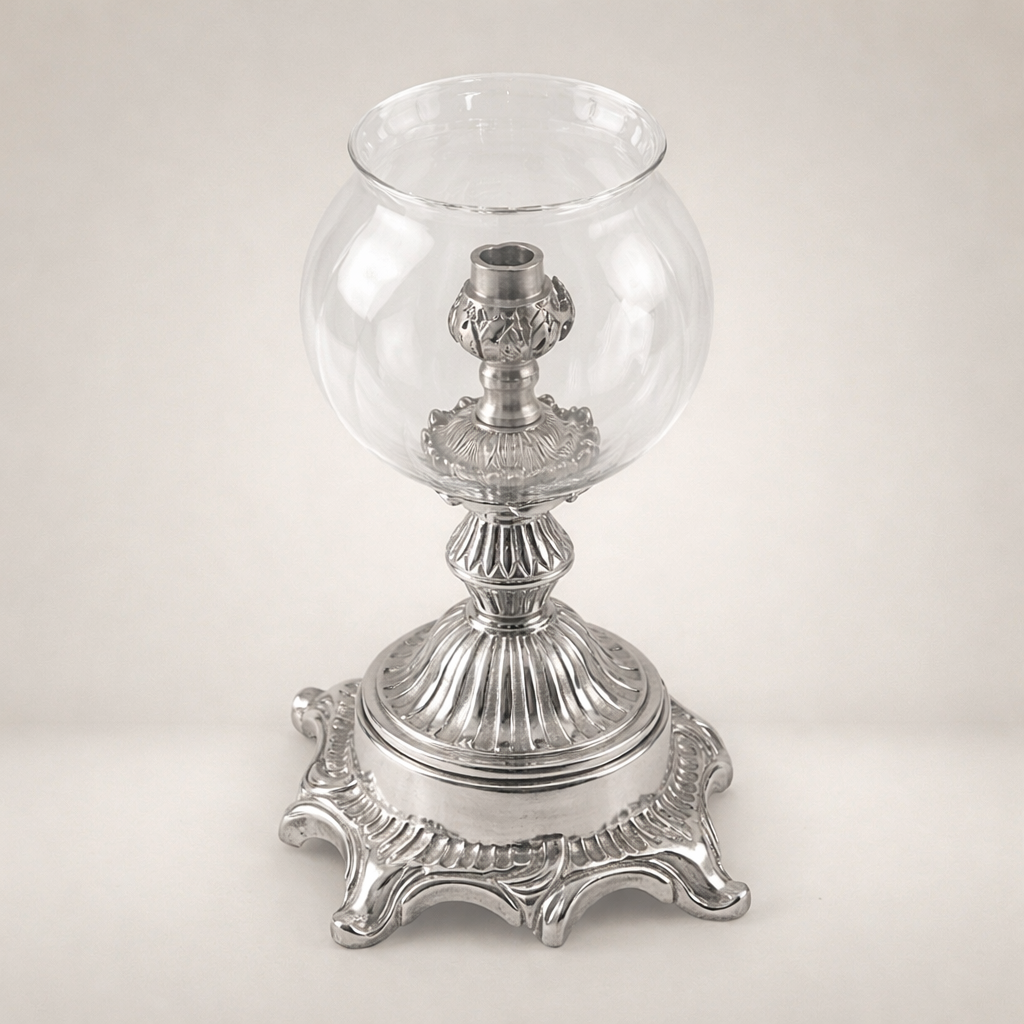 Rococo Brass Hurricane Candleholder with Globe Glass Shade and Acanthus Base — Silver
