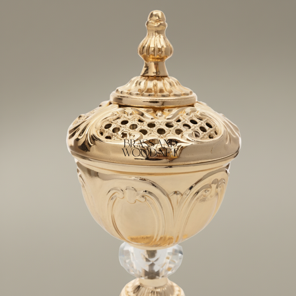 Rococo Brass Incense Burner with Crystal Stem and Pierced Lid