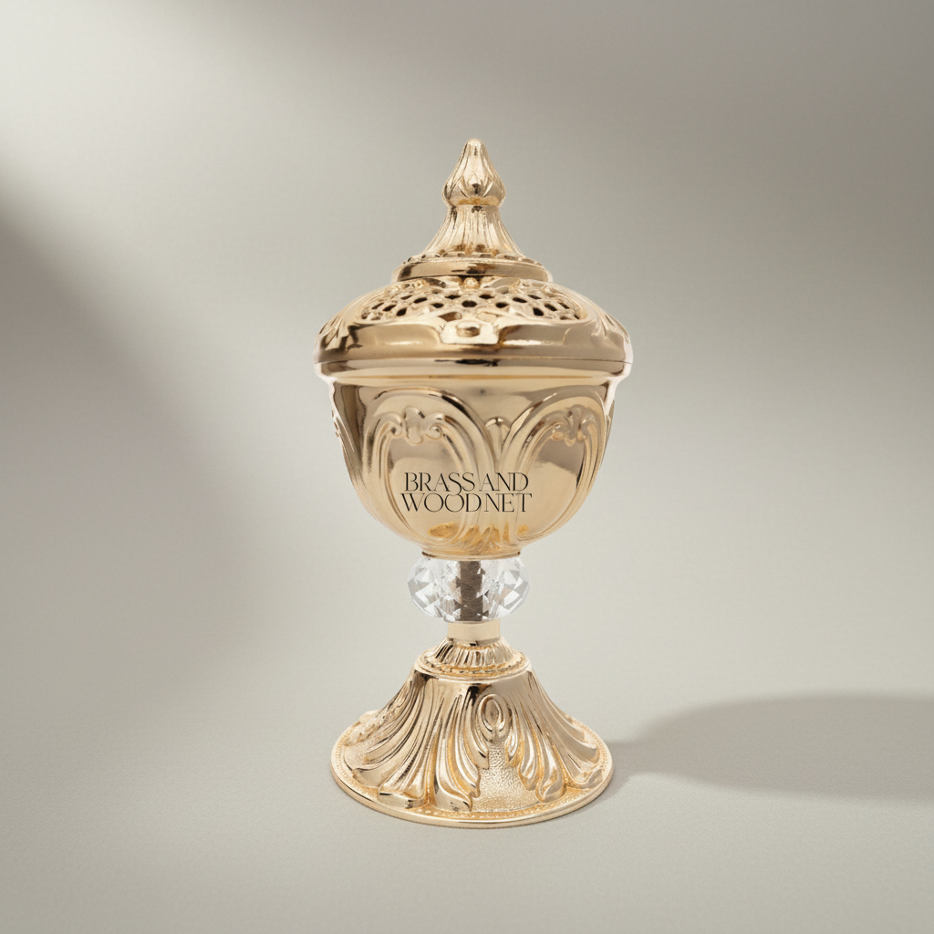Rococo Brass Incense Burner with Crystal Stem and Pierced Lid