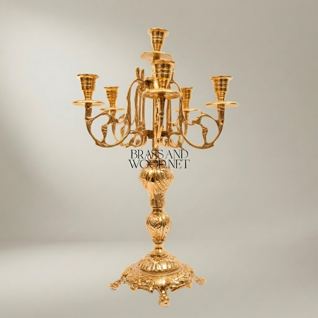 Rococo Brass Mantel Clock & 7-Arm Candelabra Set – Heavily Ornate Scrollwork Trio — Gold