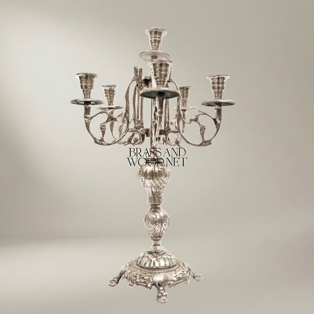 Rococo Brass Mantel Clock & 7-Arm Candelabra Set – Heavily Ornate Scrollwork Trio — Silver