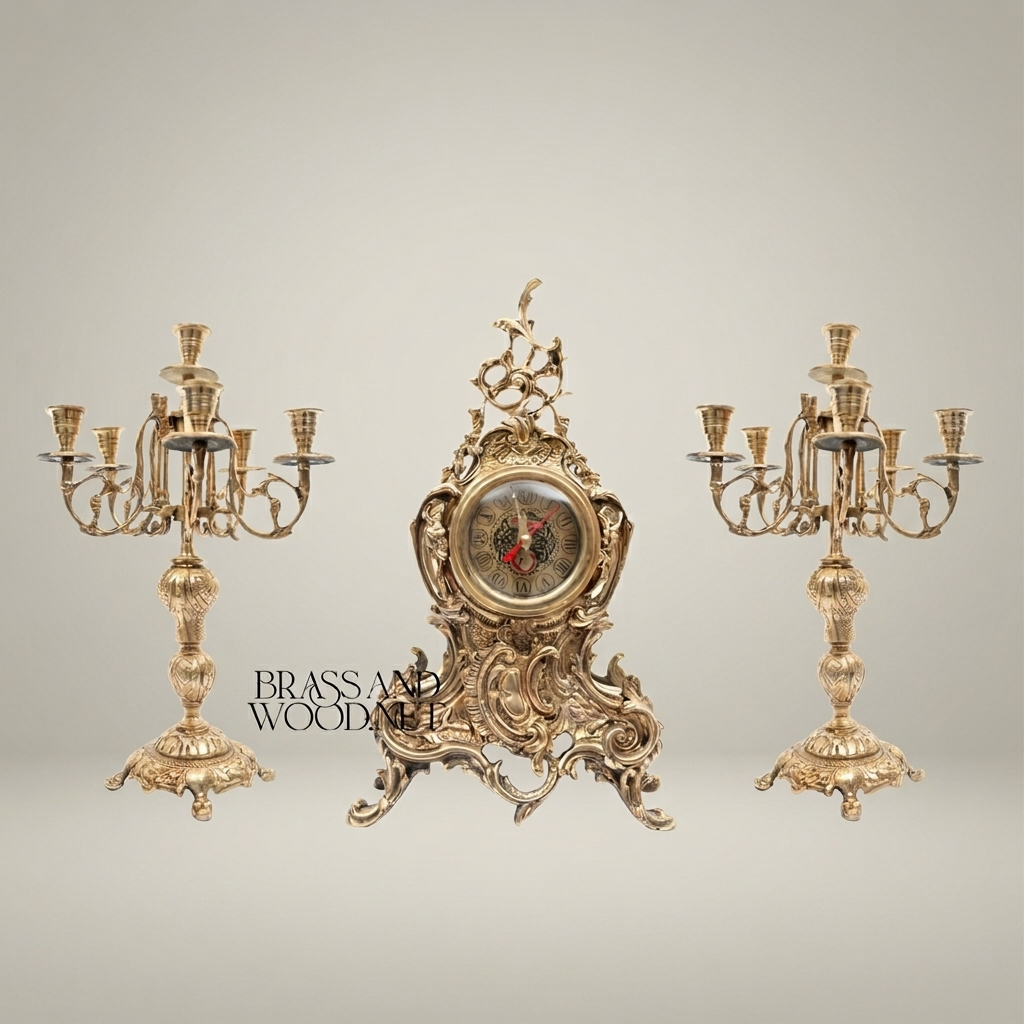 Rococo Brass Mantel Clock & 7-Arm Candelabra Set – Heavily Ornate Scrollwork Trio — Antique Gold