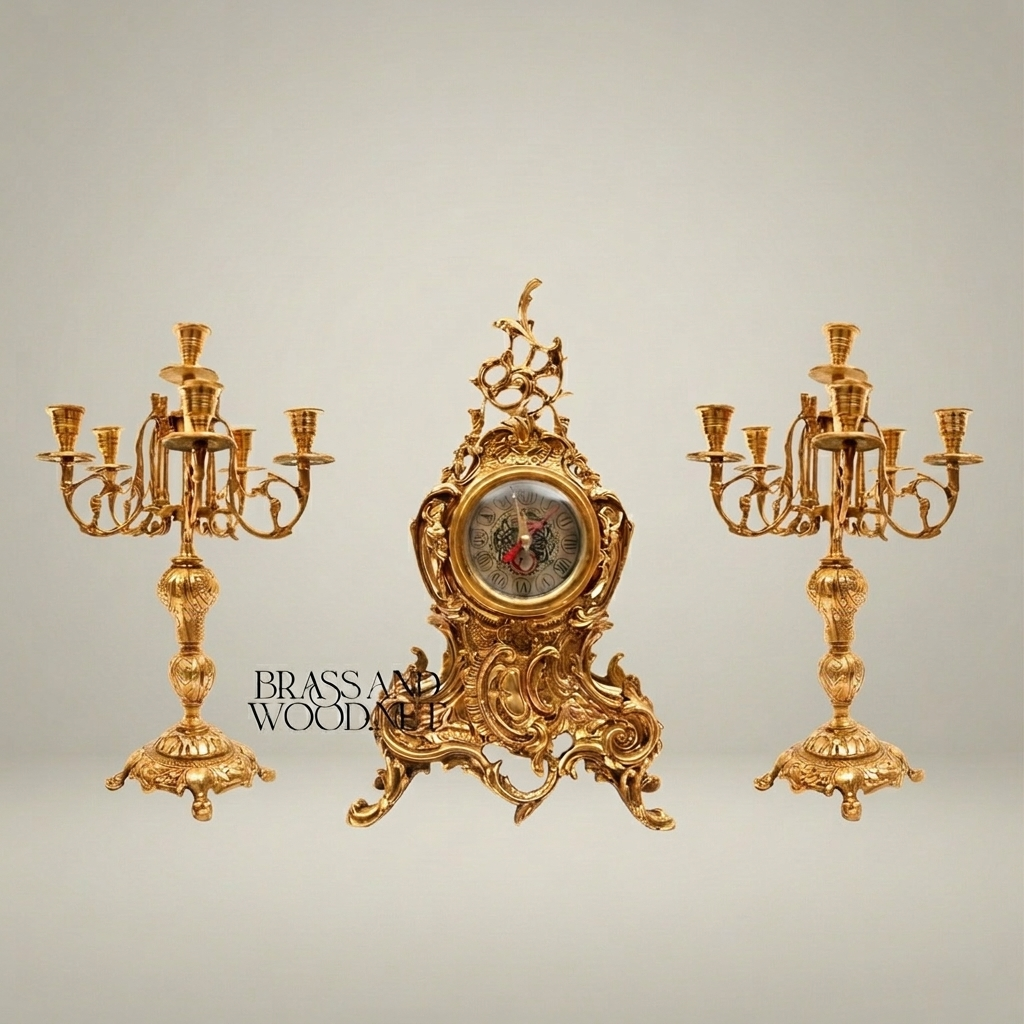 Rococo Brass Mantel Clock & 7-Arm Candelabra Set – Heavily Ornate Scrollwork Trio