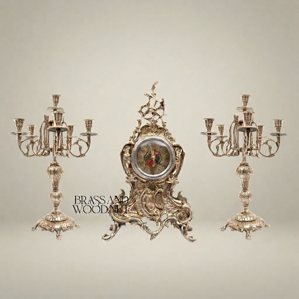 Rococo Brass Mantel Clock & 7-Arm Candelabra Set – Heavily Ornate Scrollwork Trio — Silver