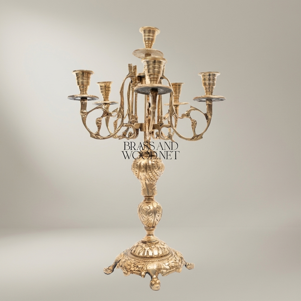 Rococo Brass Mantel Clock & 7-Arm Candelabra Set – Heavily Ornate Scrollwork Trio — Antique Gold