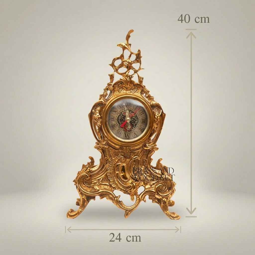 Rococo Brass Mantel Clock & 7-Arm Candelabra Set – Heavily Ornate Scrollwork Trio