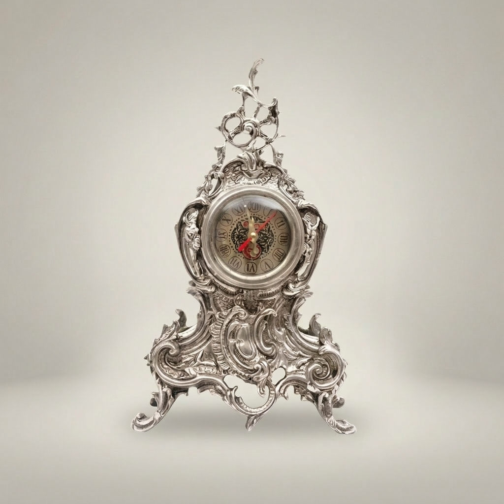 Rococo Brass Mantel Clock & 7-Arm Candelabra Set – Heavily Ornate Scrollwork Trio — Silver