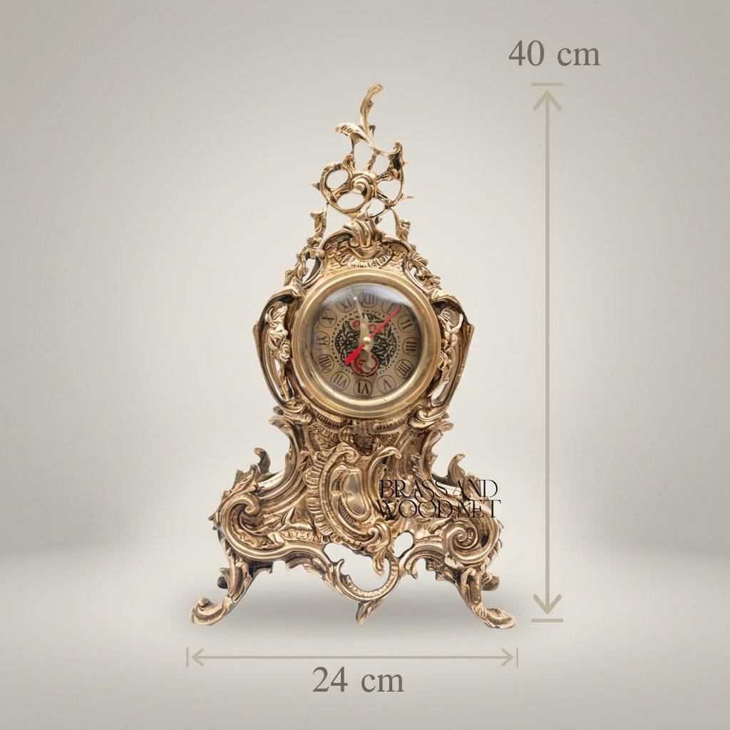 Rococo Brass Mantel Clock & 7-Arm Candelabra Set – Heavily Ornate Scrollwork Trio — Antique Gold