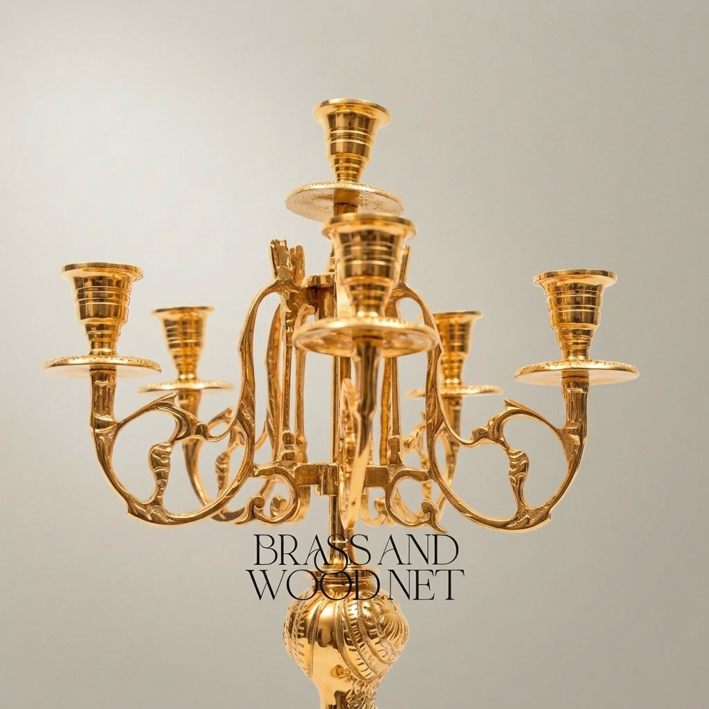 Rococo Brass Mantel Clock & 7-Arm Candelabra Set – Heavily Ornate Scrollwork Trio — Gold