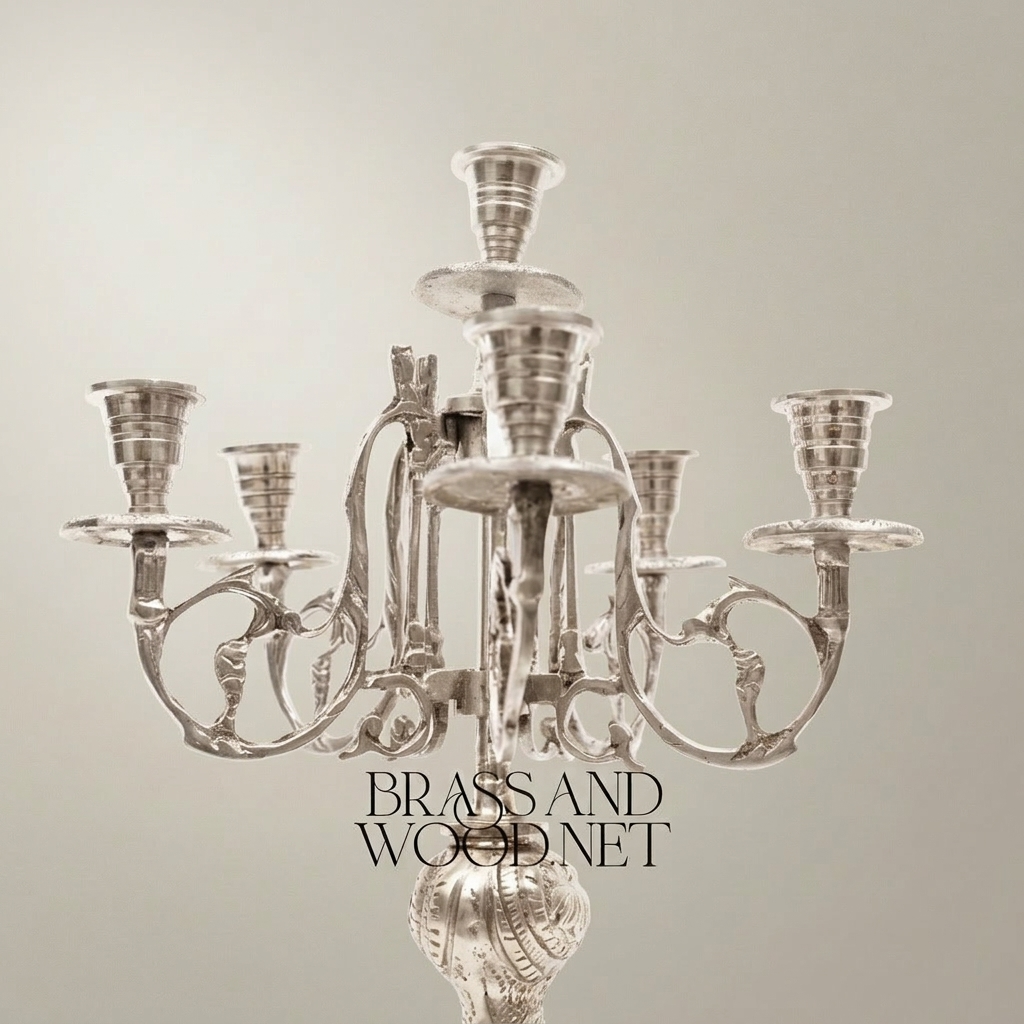 Rococo Brass Mantel Clock & 7-Arm Candelabra Set – Heavily Ornate Scrollwork Trio — Silver