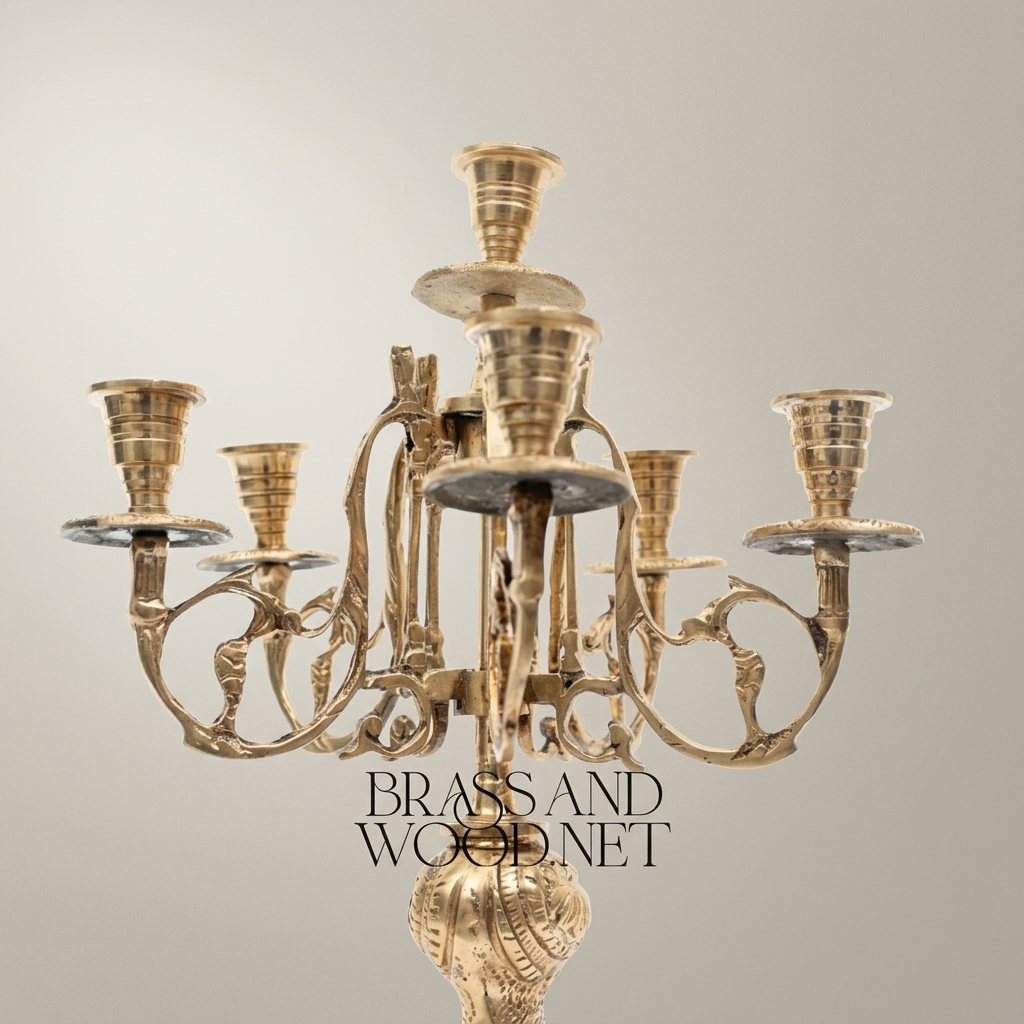 Rococo Brass Mantel Clock & 7-Arm Candelabra Set – Heavily Ornate Scrollwork Trio — Antique Gold
