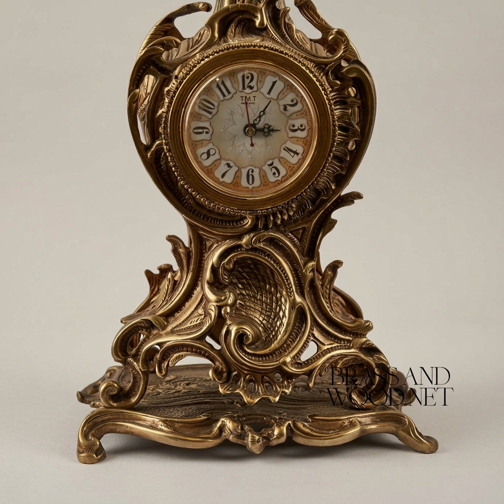 Rococo Brass Mantel Clock & Candelabra Garniture Set - Scrolling Acanthus & Rocaille Cartouche — Antique Gold