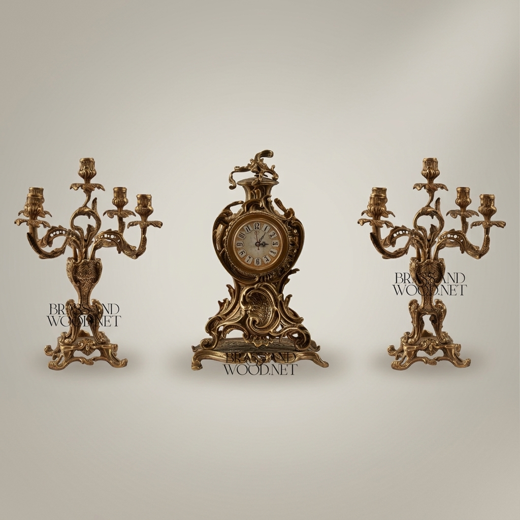 Rococo Brass Mantel Clock & Candelabra Garniture Set - Scrolling Acanthus & Rocaille Cartouche — Antique Gold