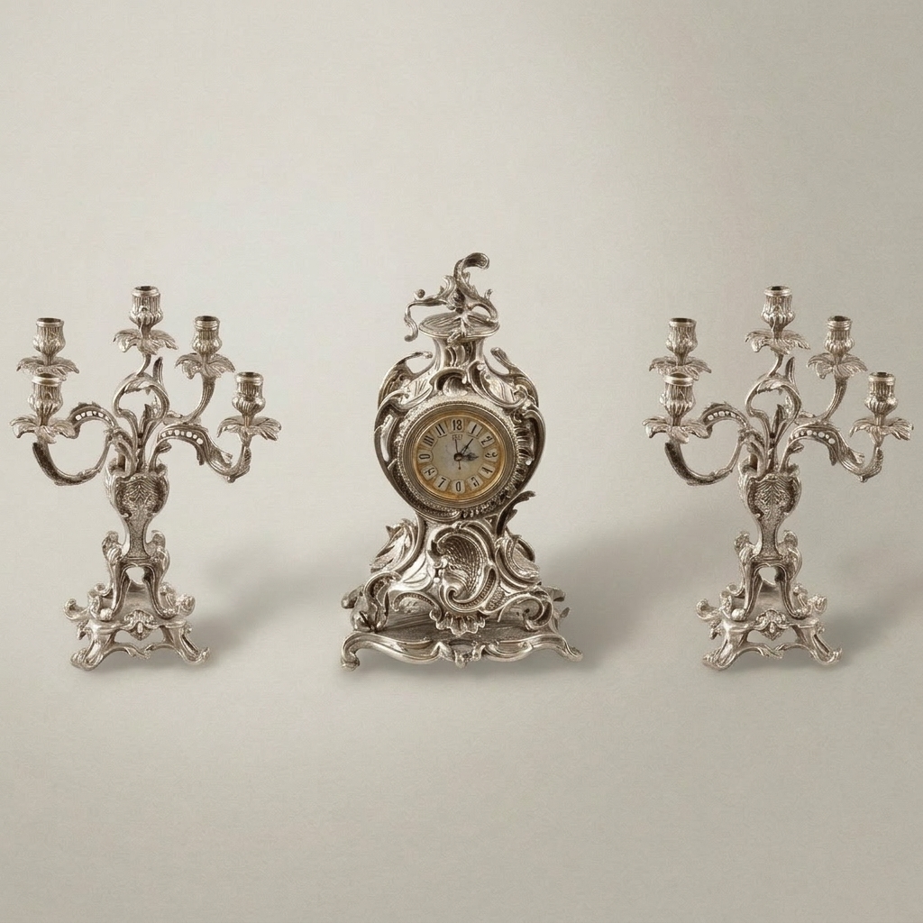 Rococo Brass Mantel Clock & Candelabra Garniture Set - Scrolling Acanthus & Rocaille Cartouche — Silver