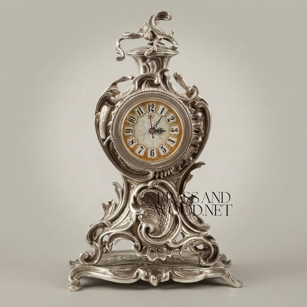 Rococo Brass Mantel Clock & Candelabra Garniture Set - Scrolling Acanthus & Rocaille Cartouche — Silver