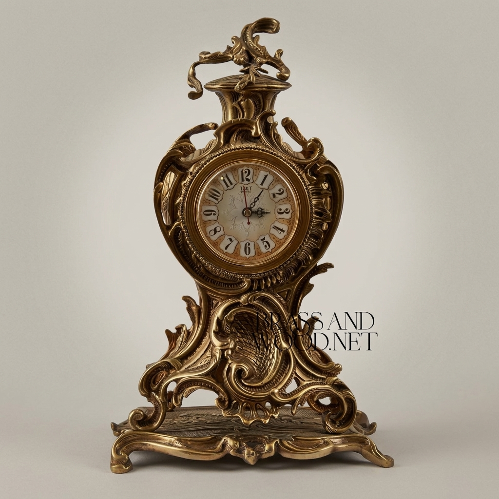 Rococo Brass Mantel Clock & Candelabra Garniture Set - Scrolling Acanthus & Rocaille Cartouche — Antique Gold
