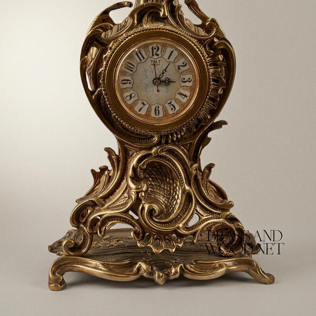 Rococo Brass Mantel Clock with Openwork Scrolls & Floral Finial — Antique Gold