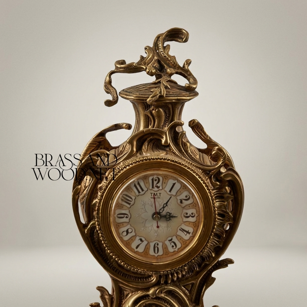 Rococo Brass Mantel Clock with Openwork Scrolls & Floral Finial — Antique Gold