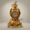 Rococo Brass Mantel Clock with Openwork Scrolls & Floral Finial — Gold