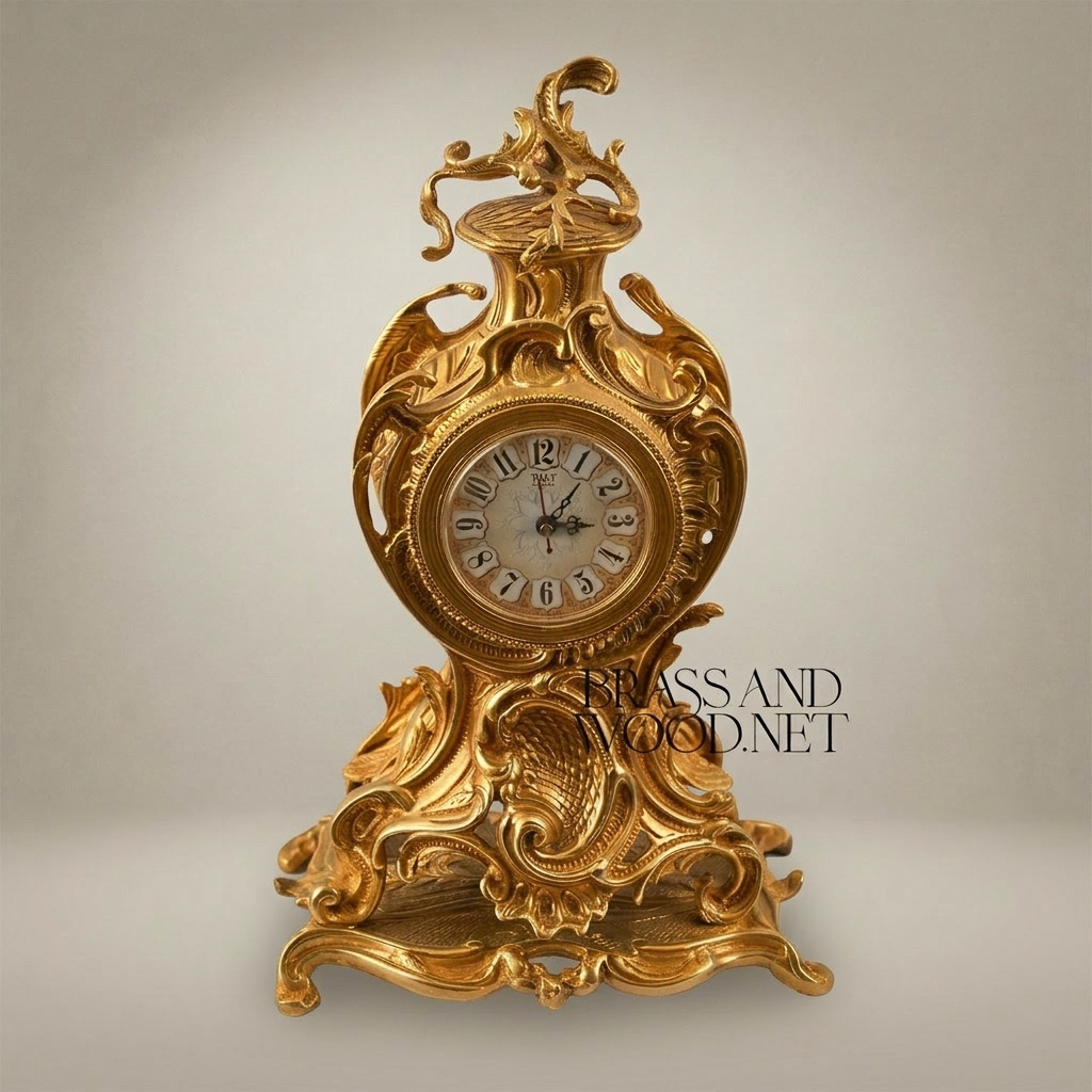 Rococo Brass Mantel Clock with Openwork Scrolls & Floral Finial — Gold
