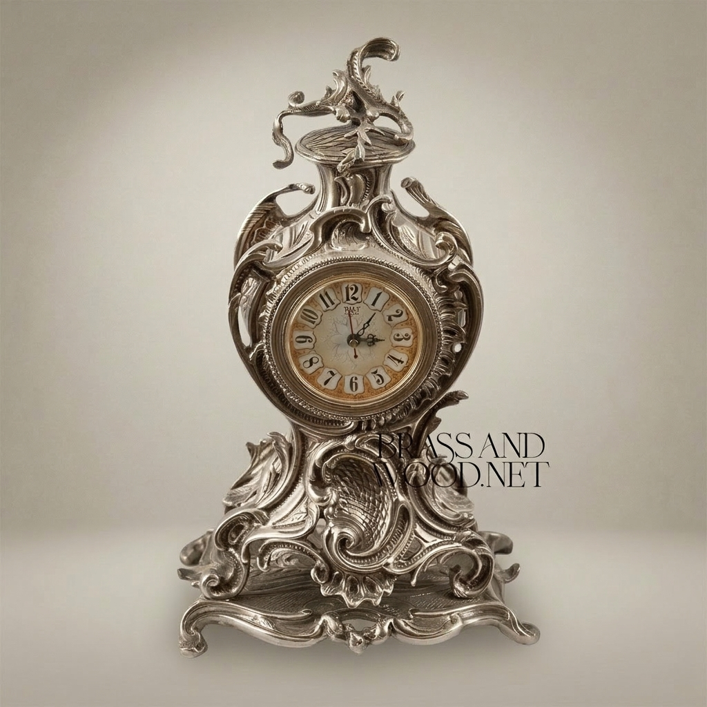 Rococo Brass Mantel Clock with Openwork Scrolls & Floral Finial — Silver