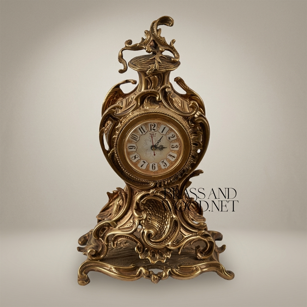Rococo Brass Mantel Clock with Openwork Scrolls & Floral Finial — Antique Gold