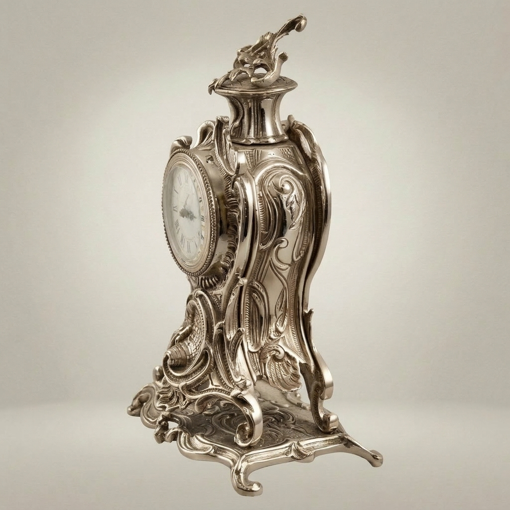 Rococo Brass Mantel Clock with Openwork Scrolls & Floral Finial — Silver