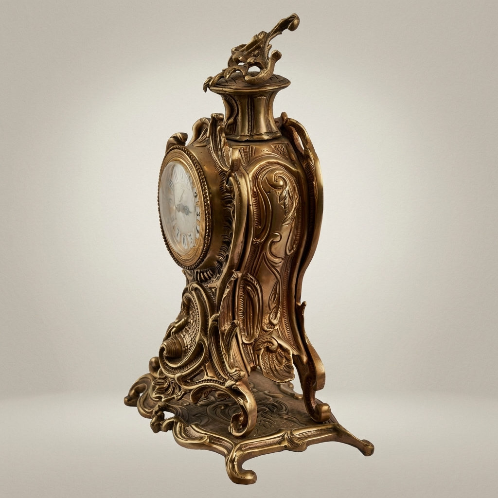 Rococo Brass Mantel Clock with Openwork Scrolls & Floral Finial — Antique Gold