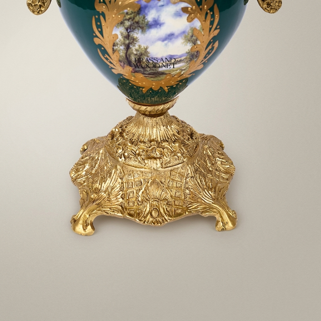 Rococo Brass-Mounted Ceramic Lidded Urn Vase with Hand-Painted Landscape Medallion — Antique Gold