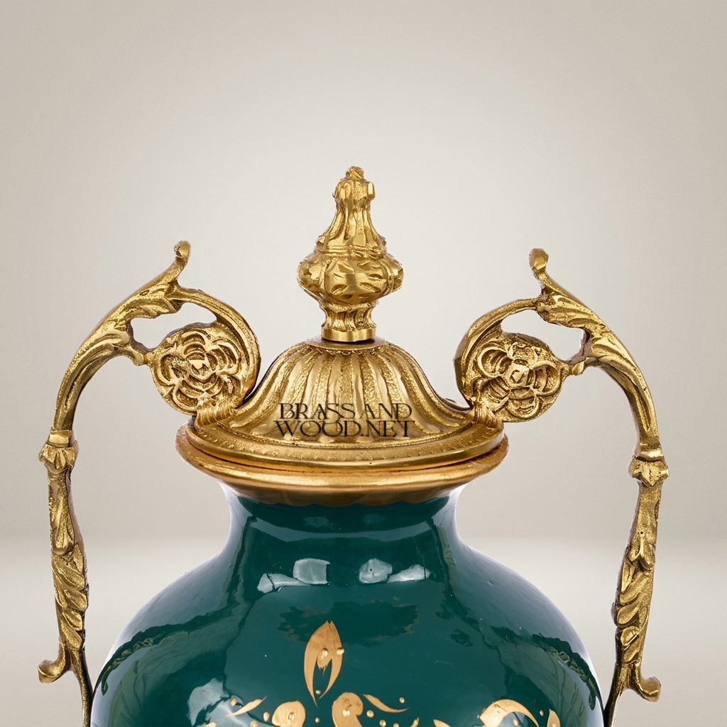 Rococo Brass-Mounted Ceramic Lidded Urn Vase with Hand-Painted Landscape Medallion — Antique Gold