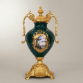 Rococo Brass-Mounted Ceramic Lidded Urn Vase with Hand-Painted Landscape Medallion — Gold